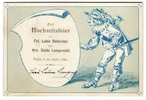 Menükarte Pegau 1885, Hochzeitsfeier Frl. Luise Doberenz und Hr. Guido Lamprecht, Rückseite Menüfolge