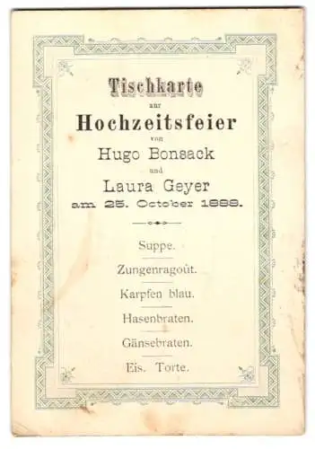 Menükarte / Tischkarte 1888, Hochzeitsfeier Hugo Bonsack und Laura Geyer