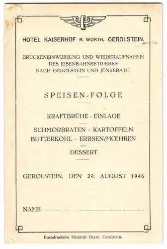 Menükarte Gerolstein 1946, Hotel Kaiserhof, Brückeneinweihung & Wiederaufnahme des Eisenbahnbetrieb Gerolstein-Jünkerath