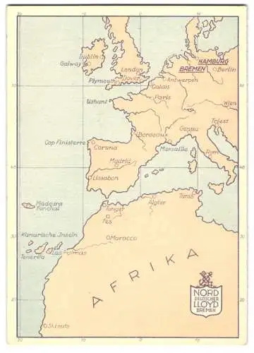 Menükarte 1931, Dampfer Arucas, Rückseite mit Menüfolge, Front mit Karte Europa und Teilen Afrikas