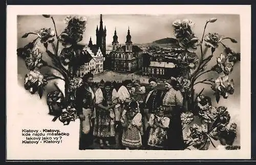 AK Klatovy, Familie in lokaler Tracht, Blick auf die Kirche