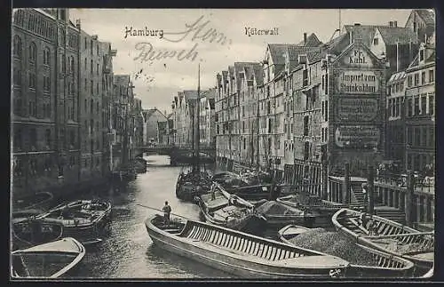 AK Alt-Hamburg, Küterwall mit Lastenkähnen mit Blick auf Häuser und Brücke