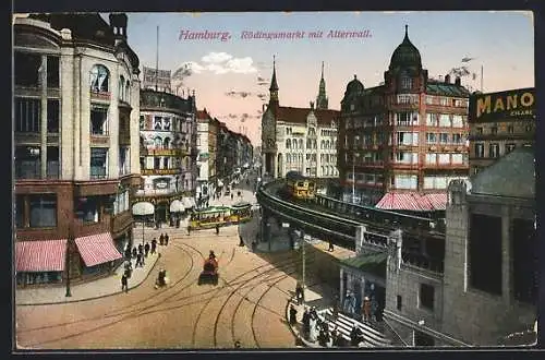 AK Hamburg, Rödingsmarkt mit Alterwall, U-Bahn und Strassenbahn