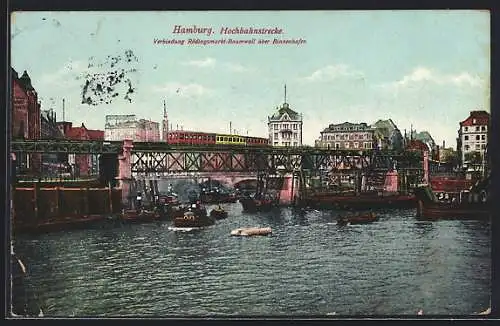 AK Hamburg, Binnenhafen, Hochbahnstrecke Rödingsmarkt - Baumwall