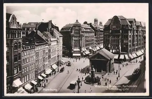 AK Hamburg, Kreuzung Breitestrasse, Spitalerstrasse und Mönkebergstrasse mit Strassenbahn