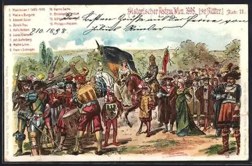 Lithographie Wien, historischer Festzug 1898, Maximilian I., Maria v. Burgund, Albrecht Dürer, Hans Holbein