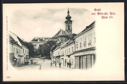 AK Wien, Ober-St. Veit, Strassenpartie mit Handlung Johann Melan und Kirche