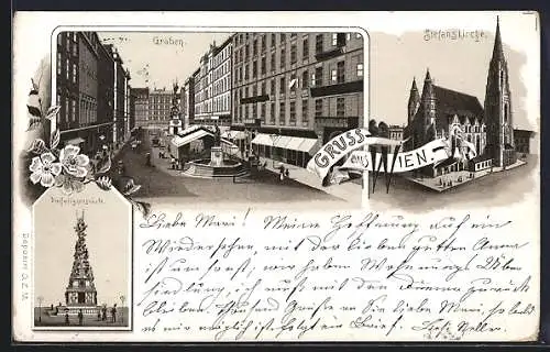 Lithographie Wien, Graben mit Brunnen, Stefanskirche, Dreifaltigkeitssäule