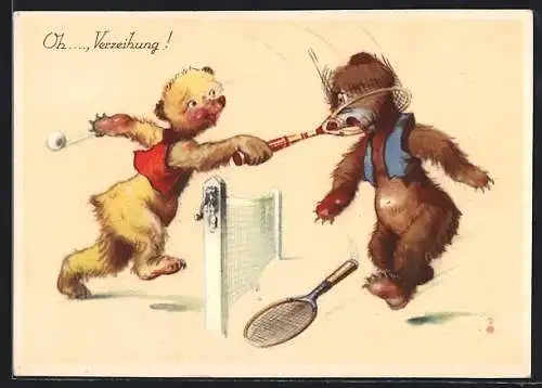 AK Oh..., Verzeihung!, Teddies beim Tennis, Humor