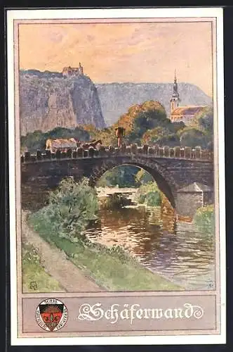 AK Deutscher Schulverein Nr. 230: Flusspartie mit Brücke, Schäferwand