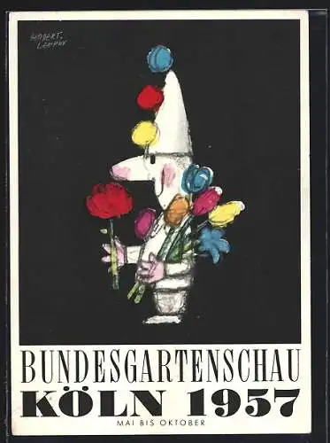 Künstler-AK Köln, Bundesgartenschau 1957, Clown mit Blumenstrauss