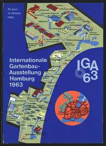 AK Hamburg, Internationale Gartenschau-Ausstellung 1963, Karte des Ausstellungsgeländes