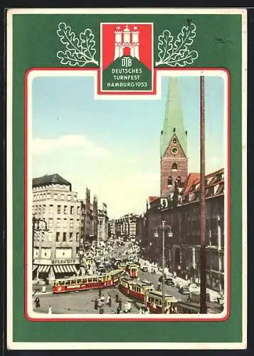 AK Hamburg, Deutsches Turnfest mit Strassenbahn, 1953