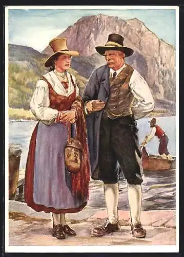 Künstler-AK Oberösterreicher aus dem Salzkammergut in Tracht