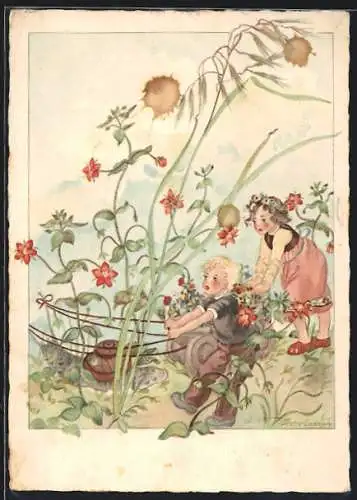 Künstler-AK Schwarz-Torino: Zwei Kinder mit grosser Schnecke in den Gräsern, Blumen