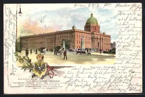 Lithographie Berlin, Schloss von der Strasse aus mit Kutschen