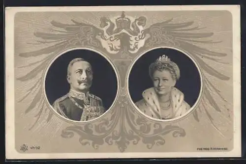 AK Silberhochzeit des deutschen Kaiserpaars 1906, Portraits und Reichsadler