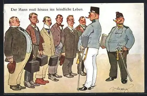 Künstler-AK Fritz Schönpflug: Zivilisten treffen beim Militär ein, Karikatur