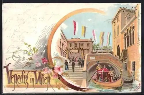 Lithographie Wien, Ausstellung Venedig in Wien 1895, Gondel unter einer Brücke