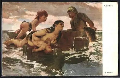 Künstler-AK Arnold Böcklin: Familie von Wassernixen auf Fels im Meer