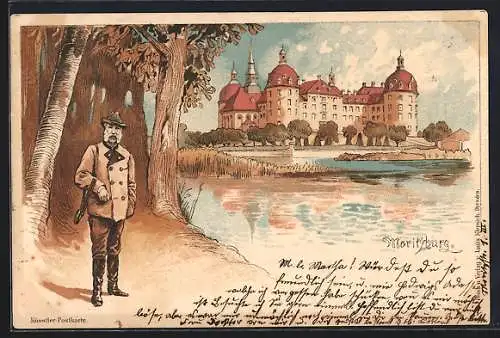 Lithographie Moritzburg / Sachsen, Jäger vor dem Schloss Moritzburg