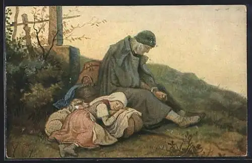 Künstler-AK Ludwig Richter: Rast unterm Kreuz
