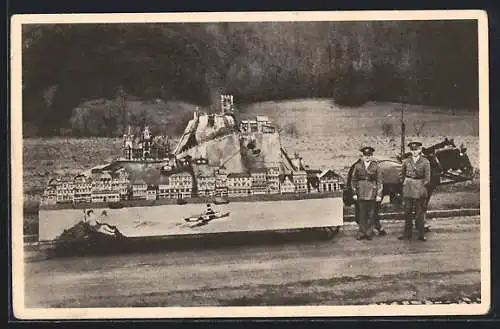 AK Kutsche mit Diorama von Drachenfels und Königswinter auf Weltreise, Expedition