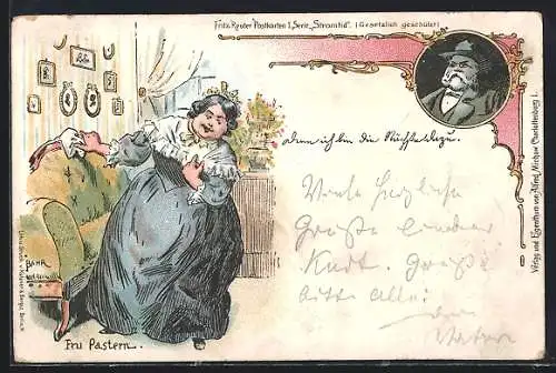 Lithographie Frau Pastern, Fritz Reuter Postkarte