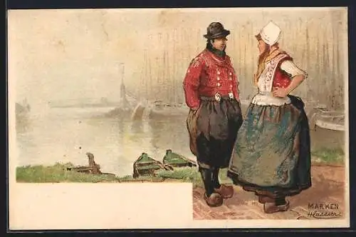 Künstler-Lithographie Henri Cassiers: Marken, Paar in Tracht, Niederlande