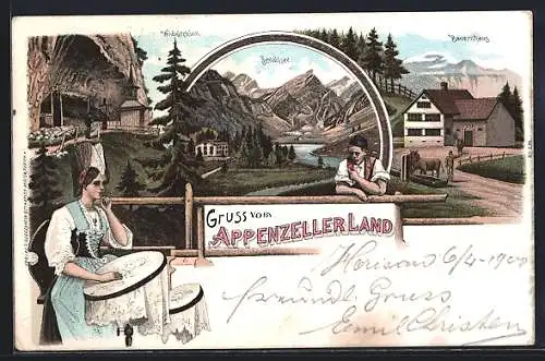 Lithographie Wildkirchli, Wallfahrtsort mit kl. Kapelle, Seealpsee, Bauernhaus, Frau in Tracht