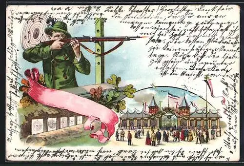 Lithographie Jäger mit angelegtem Gewehr beim Schuss, Schiessstand und Eingang zum Volksfest