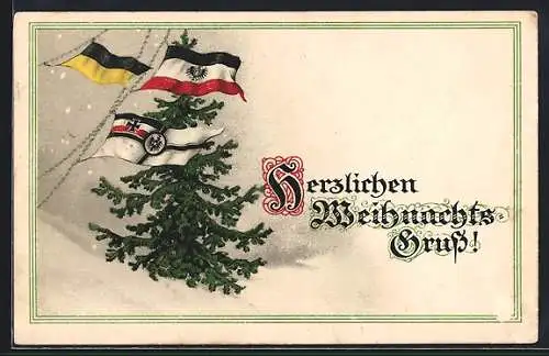 AK Herzlichen Weihnachtsgruss!, deutsche und österreichische Fahnen und Tannenbaum