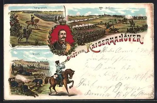 Lithographie Infanteristen mit Ballon beim Kaisermanöver, Kaiserparade, Biwak, Kaiser Wilhelm II., Hornist zu Pferde