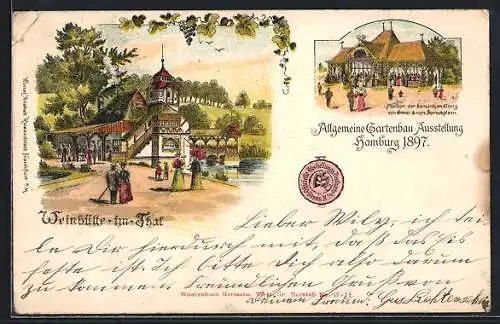 Lithographie Hamburg, Allgemeine Gartenbau-Ausstellung 1897, Weinhütte im Thal, Pavillon der Samenhandlung