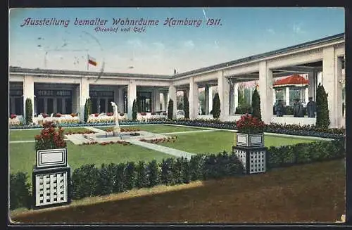 AK Hamburg, Ausstellung bemalter Wohnräume 1911, Ehrenhof und Cafe