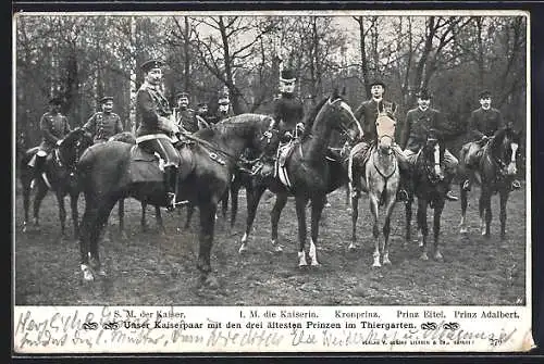 AK Unser Kaiserpaar mit den drei ältesten Prinzen im Berliner Tiergarten