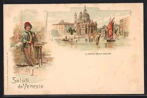 Lithographie Venezia, S. Maria della Salute, Junge in Volkstracht