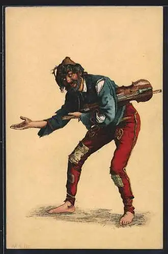 Lithographie Bettler, in einer roten Hose mit blauem Hemd und seiner Geige