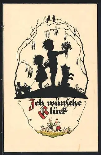 Künstler-AK Georg Plischke: Kinder mit Blumen, Hund, Puppe