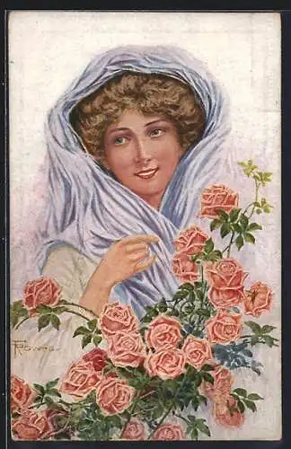 Künstler-AK sign. Fr. Rowland: Dame mit blühenden Rosen