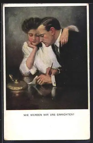 Künstler-AK Clarence F.Underwood: Paar am Tisch, A Problem of Income