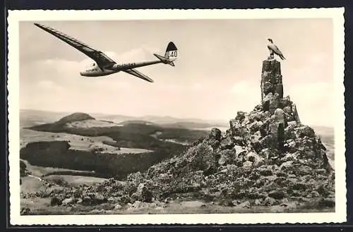 AK Wasserkuppe, Segelflugzeug über dem Fliegerdenkmal