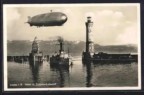 AK Lindau, Zeppelin über dem Hafen, , Dampfer