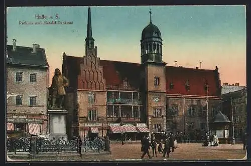 AK Halle /Saale, Blick auf das Rathaus und Händel-Denkmal