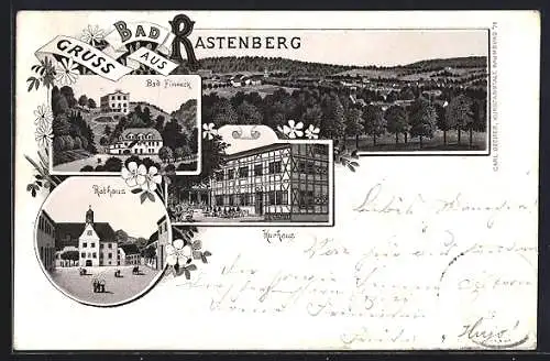 Lithographie Bad Rastenberg, Ortsansicht mit Kurhaus und Rathaus