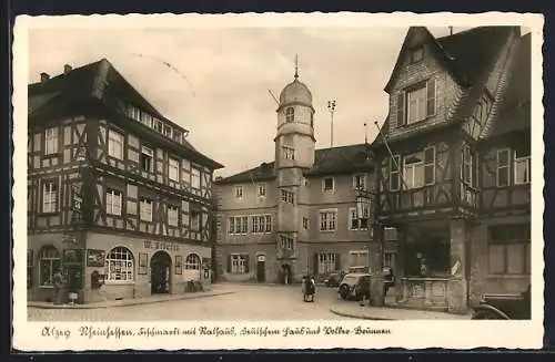 AK Alzey, Fischmarkt mit Rathaus, Deutschem Haus & Volker-Brunnen