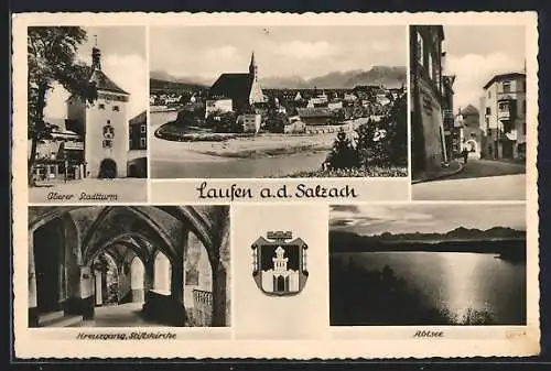 AK Laufen a. d. Salzach, Ortsansicht, Oberer Stadtturm, Abtsee, Kreuzgang in der Stiftskirche