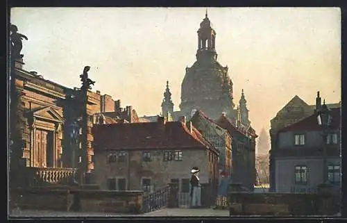 AK Dresden, Altstadt von der Terrassse mit Frauenkirche u. Rathausturm