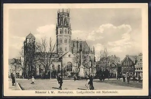 AK Münster / Westfalen, Marienplatz, Ludgerikirche mit Mariensäule