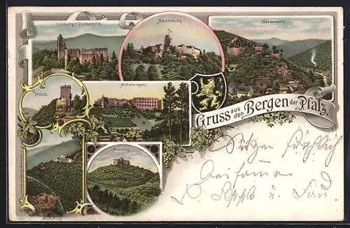 Lithographie Eschbach, Trifels, Altleiningen, Maxburg, Madenburg